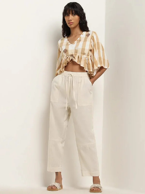 Bombay Paisley Off-White High-Rise Cotton Blend Pants Comfy Cargo Trousers