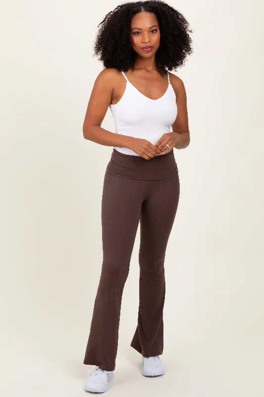 Brown Fold Over Waistband Flared Pants Comfortable Jogger Trousers