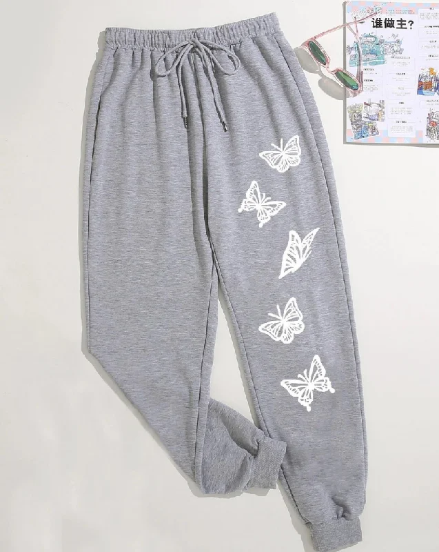 Butterfly Print Drawstring Waist Jogger Pants - Grey Casual Lounge Pants