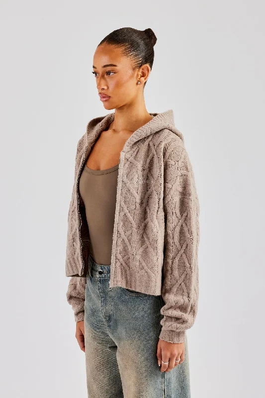 Cable Knit Zip Through Knit Hoodie - Stone Hoodie with Ribbed Neckline Snug Warm