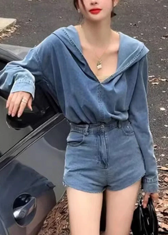 Casual Blue Denim Hooded Top And Shorts Two Pieces Set Spring Hoodie with Distressed Vintage Worn