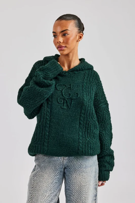 CCC Spliced Cable Knit Hoodie - Forest Green Hoodie with Half-Zip Sporty Casual