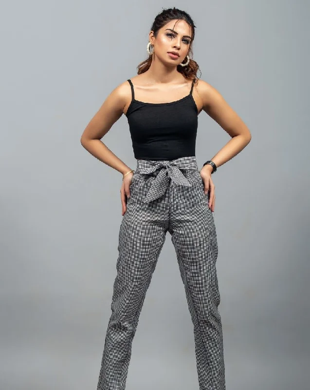 Checkered Plaid Belted Straight Pants Formal Slim Pants