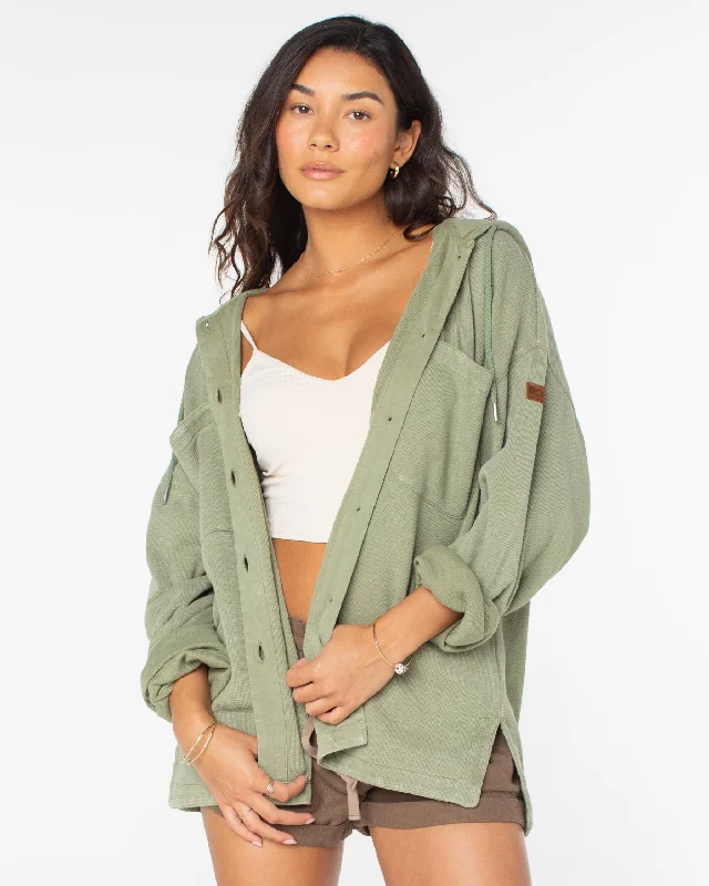 Clear Water Oversize Fleece Hooded Shirt - Oil Green Hoodie Crop Top Short Trendy