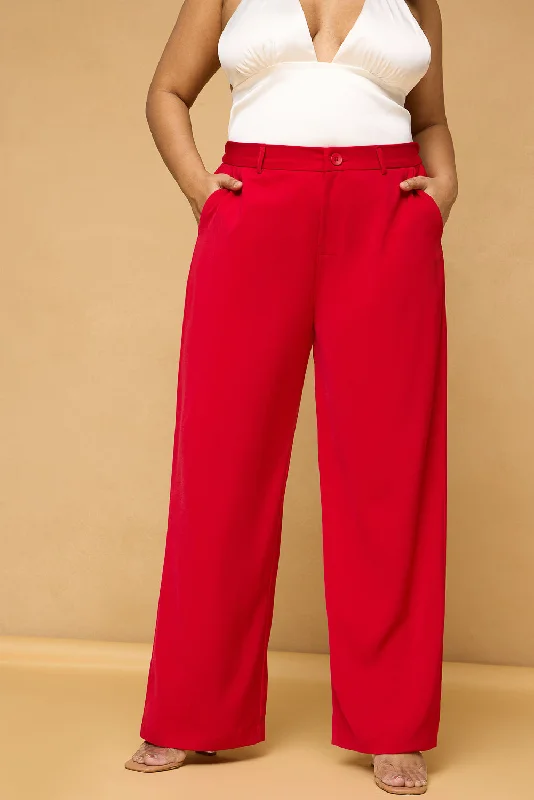 Curve Bright Red Classic Korean Pants Elegant Silk Pants