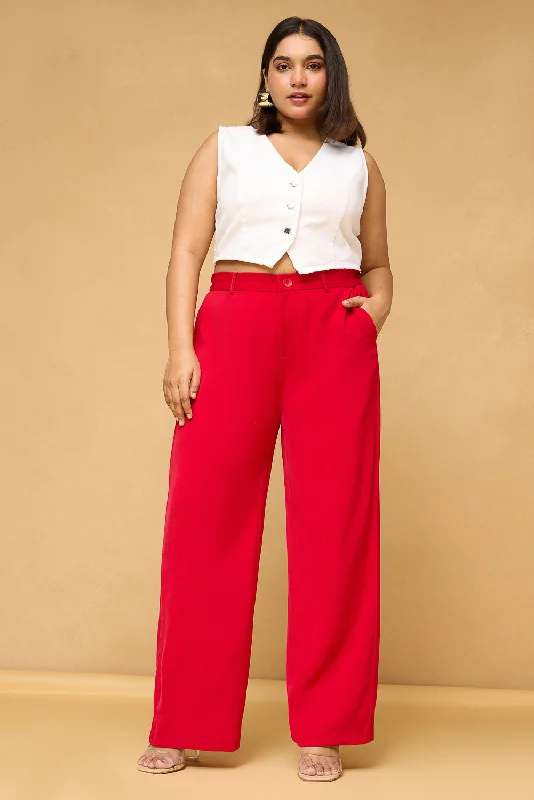 Curve Scarlet Red Sleek Korean Pants Formal Linen Trousers