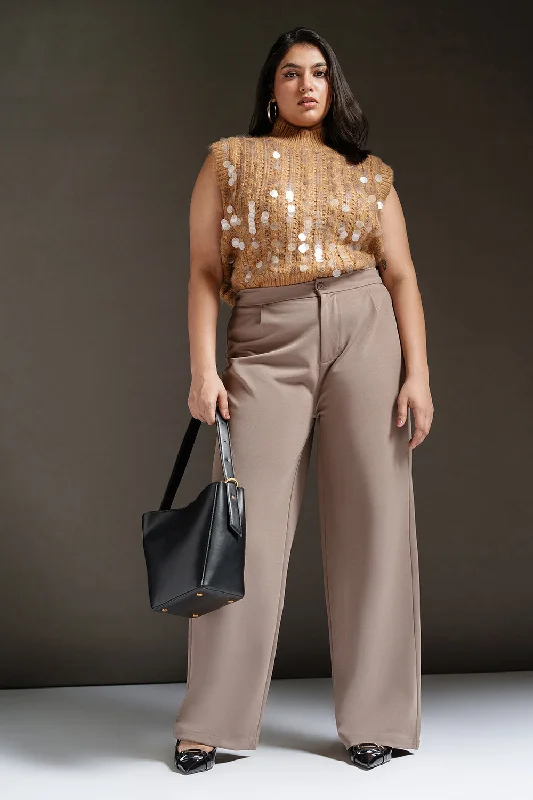 Dark Taupe Curve Textured Korean Pants Stylish Elastic Waist Pants