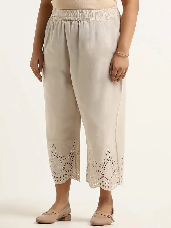 Diza Beige Cotton Cutwork Pants Cozy Full-Length Pants