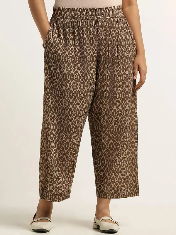 Diza Brown Printed Cotton Straight Pants Comfortable Fleece Pants