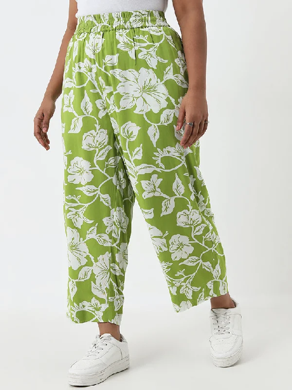 Diza Green Floral Printed Mid-Rise Cotton Ethnic Pants High-Waist Jogger Pants