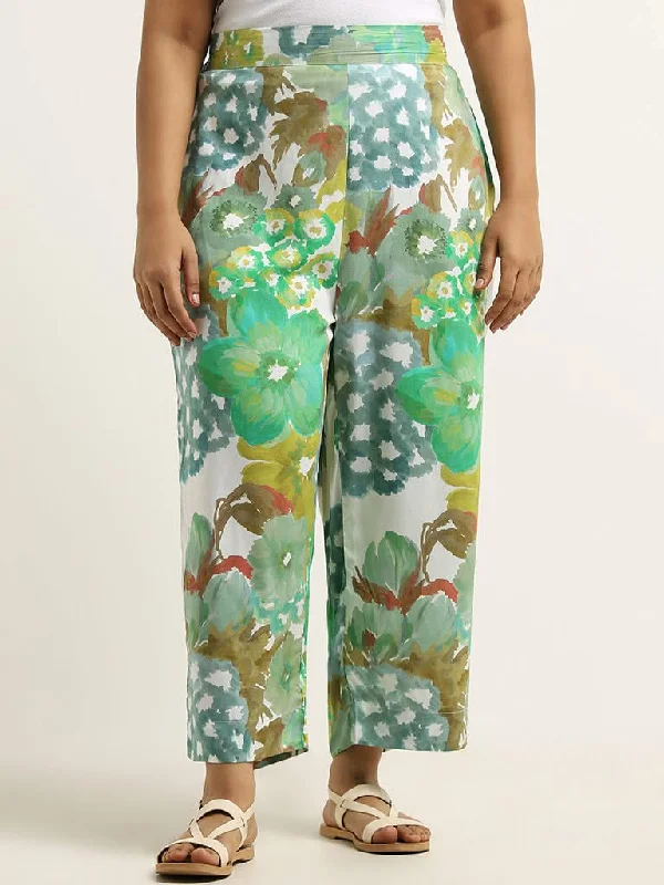 Diza Green Floral Printed Straight Pants Chic Faux Leather Pants