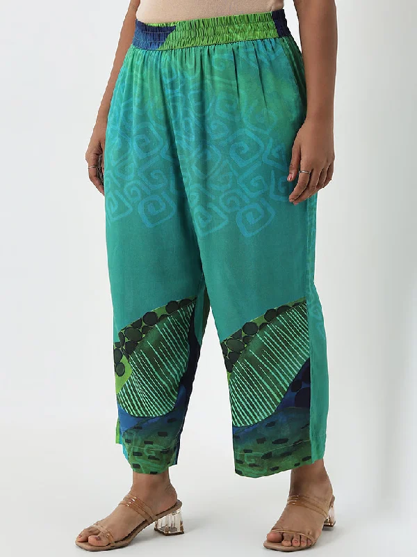 Diza Green Foliage Design High-Rise Cotton Ethnic Pants Formal Slim Pants