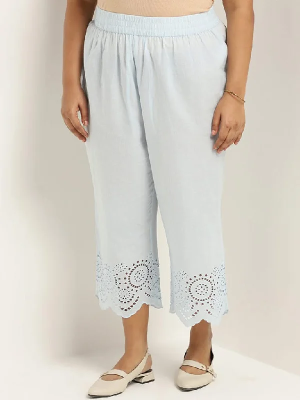 Diza Light Blue Cotton Cutwork Pants Classic Stretch Pants