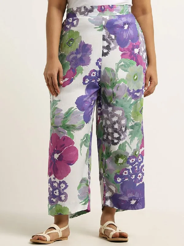 Diza Lilac Floral Printed Straight Pants Comfy Cargo Trousers