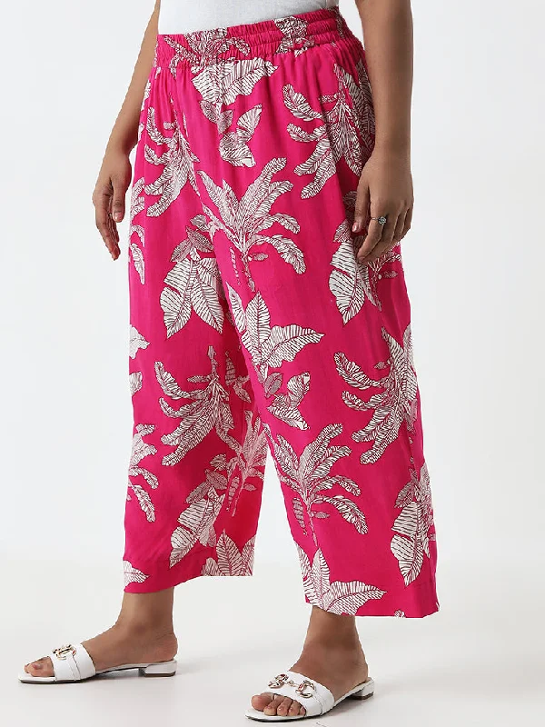 Diza Magenta Foliage Printed High-Rise Cotton Ethnic Pants Comfortable Jogging Pants