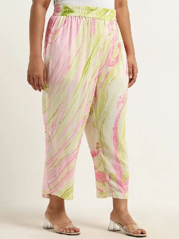 Diza Multicolour Marble Printed High-Rise Ethnic Pants Soft Wool Pants