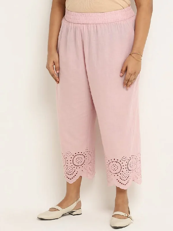 Diza Pink Cotton Cutwork Pants Casual Wide Pants