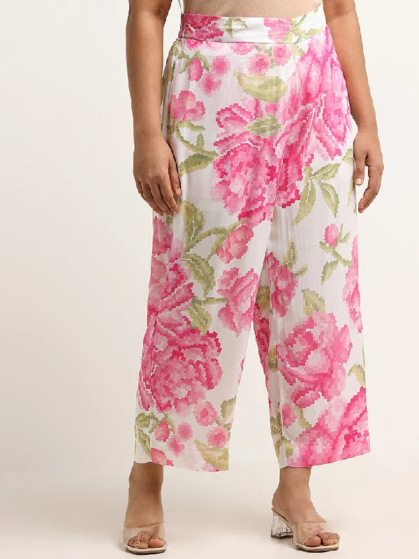 Diza Pink Mid-Rise Floral Print Straight Pants Stylish Casual Pants