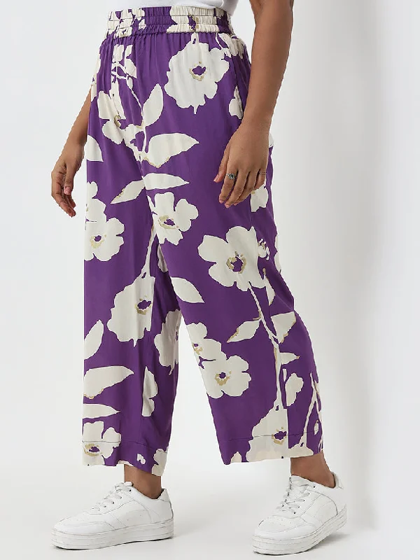 Diza Purple Floral Design Mid-Rise Cotton Ethnic Pants Trendy Tapered Pants