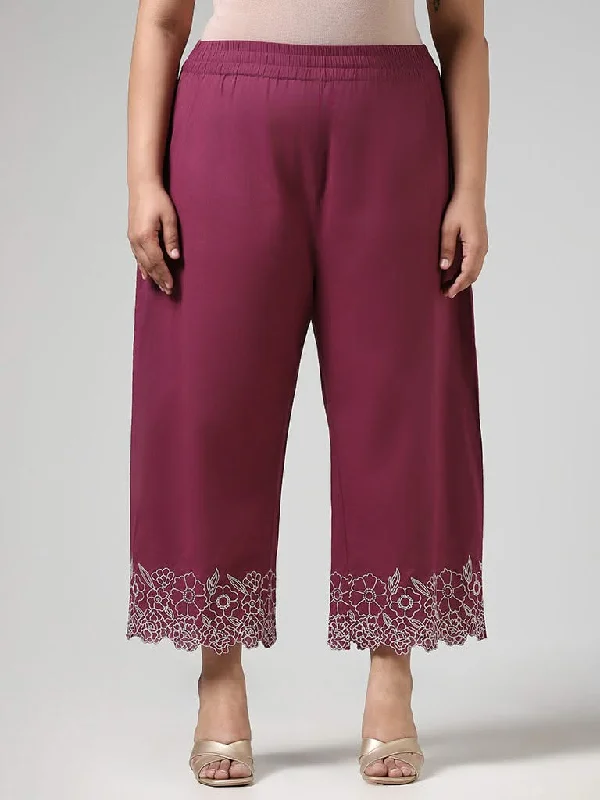 Diza Purple Floral Hem Embroidered Cotton Straight Pants Comfortable Cargo Pants