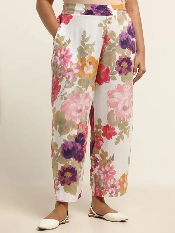 Diza White Floral Printed Straight Pants Elegant Wool Trousers