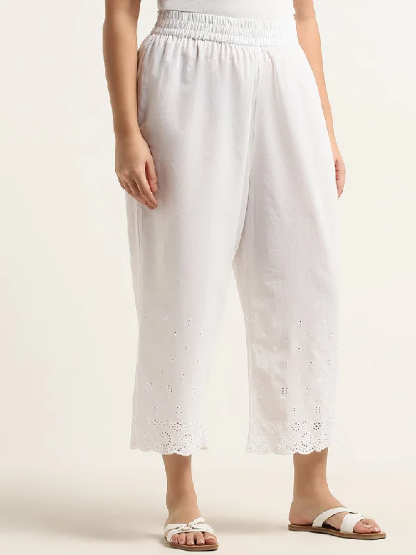 Diza White Schiffli Design High-Rise Cotton Ethnic Pants Warm Wool Trousers