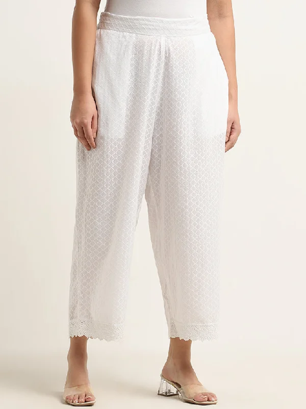 Diza White Self-Patterned High-Rise Cotton Ethnic Pants Fashionable Sporty Pants