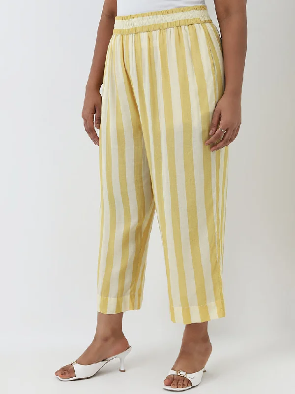 Diza Yellow Striped High-Rise Straight Cotton Pants Cozy Maternity Pants