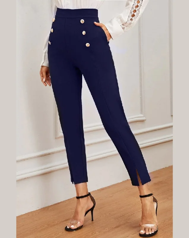 Double Button Split Hem Pants - Blue Elegant High-Waist Pants