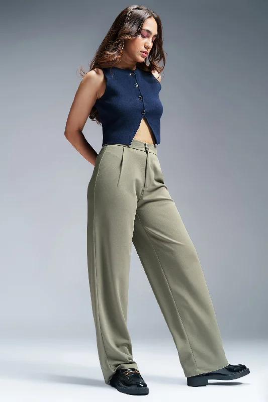 Pastel Olive Women's Textured Korean Pants Elegant High-Waist Pants