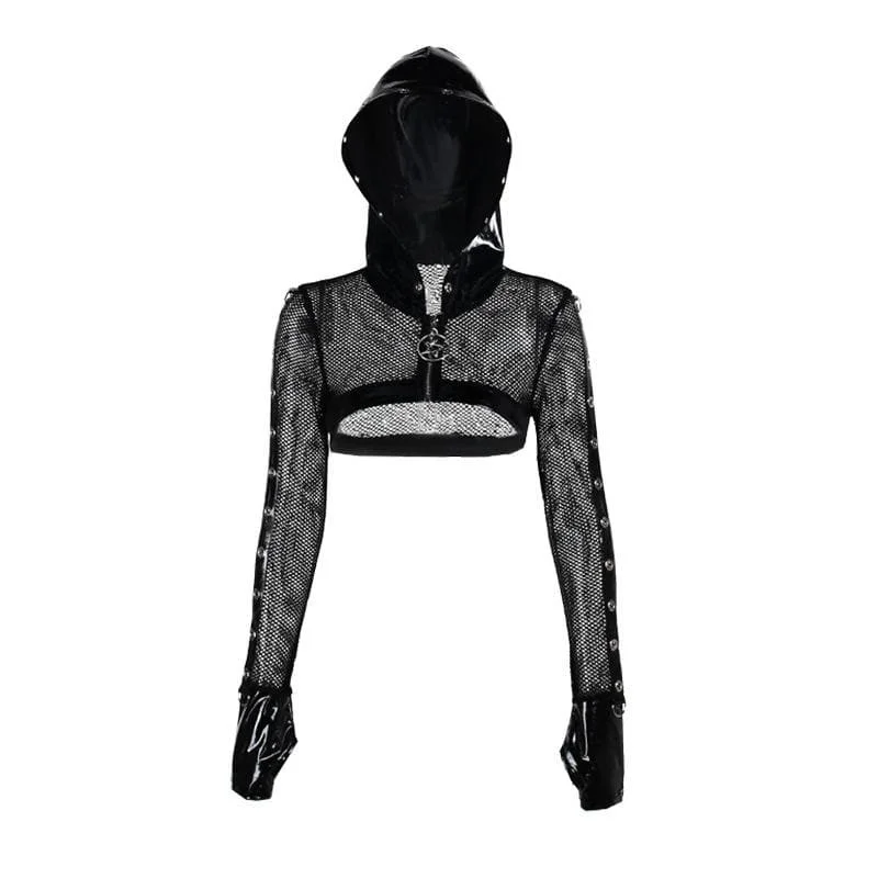 Fishnet zip-up gloves PU leather patchwork hoodie shrug top Hoodie with Strings Custom Fit Adjustable