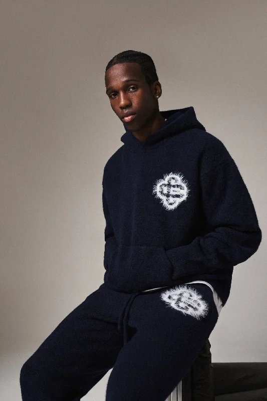 FLUFFY EMBLEM KNITTED HOODIE - NAVY Hoodie with Pastel Soft Subtle