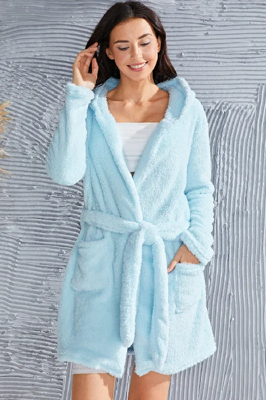 Fuzzy Tied Pocketed Hooded Lounge Nightgown Hoodie with Button Placket Classic Preppy