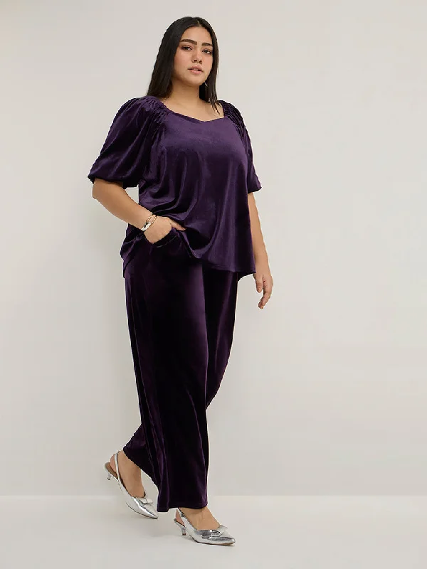 Gia Purple Velveteen High-Rise Pants Relaxed High-Waist Trousers