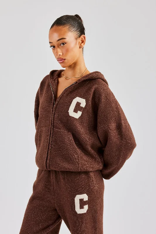 Hooded Zip Through Knitted Jumper - Chocolate Hoodie with Metallic Shiny Futuristic