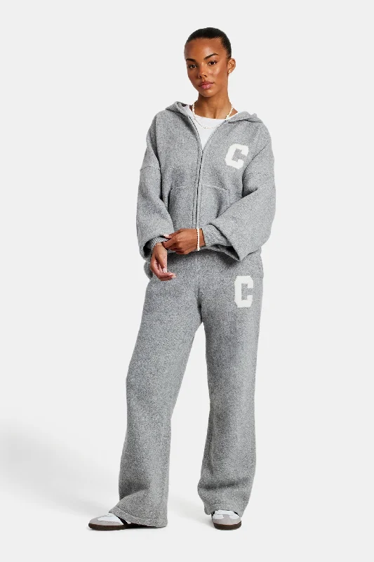 Hooded Zip Through Knitted Tracksuit - Grey Hoodie with Set-In Sleeves Structured Classic