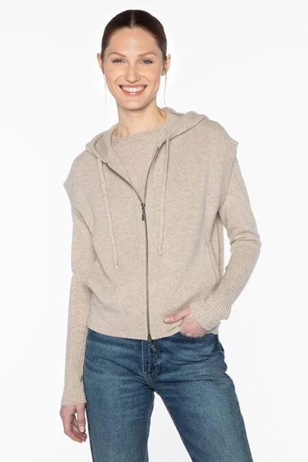 Kinross Cashmere S/L Rib Zip Hoodie Hoodie with Mock Neck Collared Structured