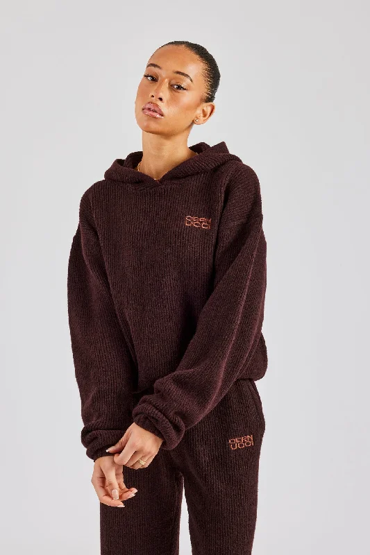 Knit Boxy Embroidered Hoodie - Chocolate Hoodie with Hidden Zipper Minimalist Clean