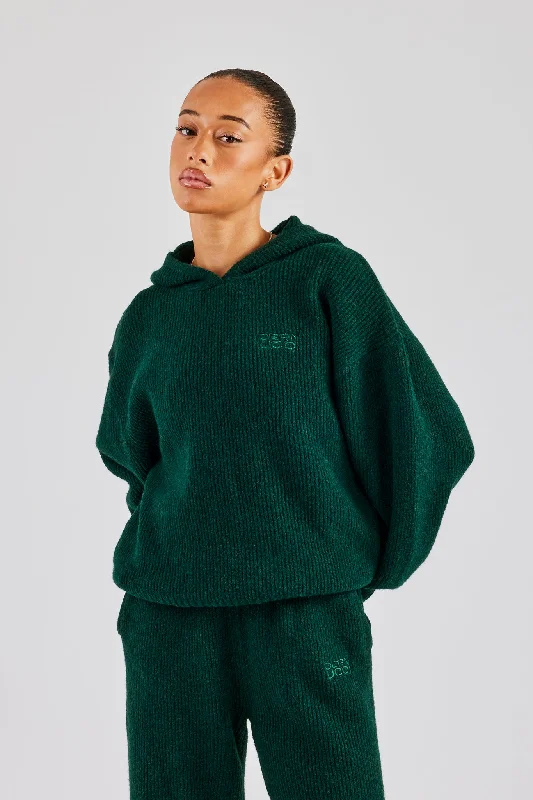 Knit Boxy Embroidered Hoodie - Forest Green Hoodie with Zipper Placket Modern Functional