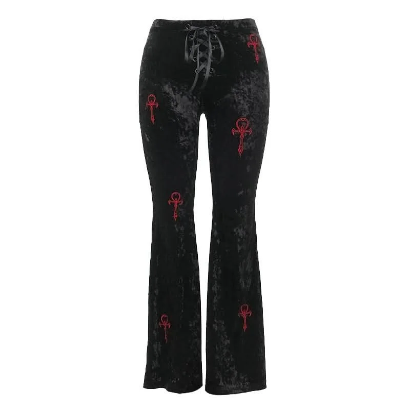 Lace up velvet embroidery medium rise pant Chic Faux Leather Pants