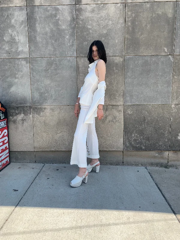 70s White Double Knit Halter Pantsuit, Estivo Fashionable Work Pants