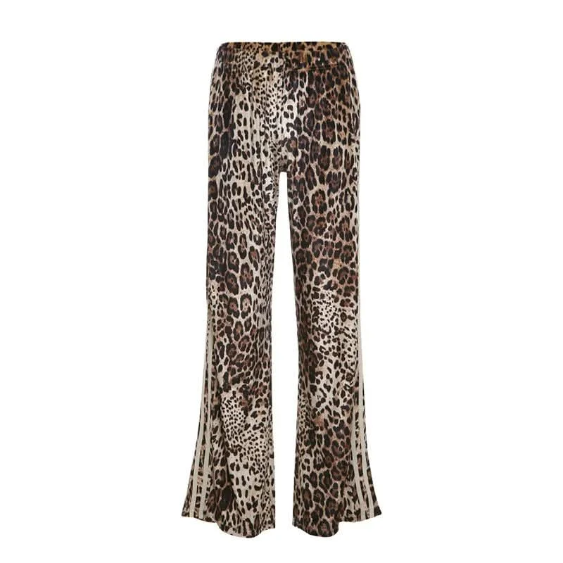 Leopard print contrast patchwork medium rise pant Fashionable Button-Up Pants