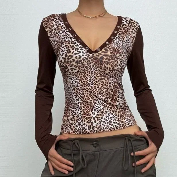 Leopard print long sleeve hoodie button top Hoodie with Mesh Breathable Sporty