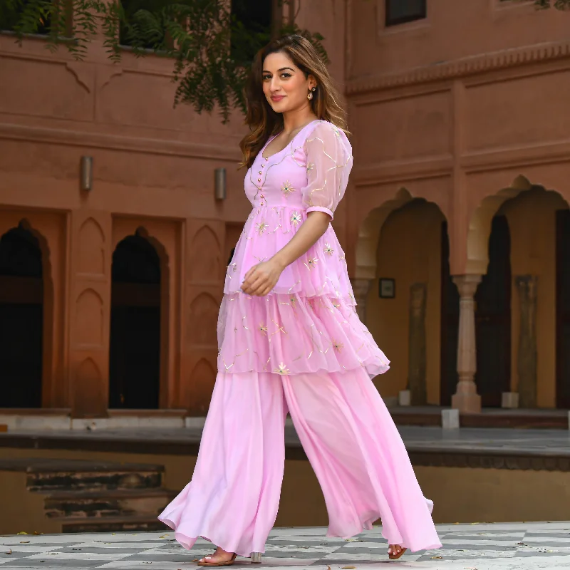 Bunaai Light Pink Short Kurta & Pants Classic Straight Pants