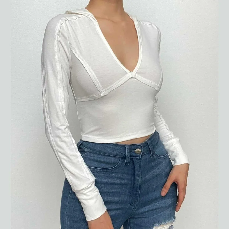 Long sleeve v neck stitch hoodie solid crop top- Final Sale Hoodie with Ribbed Cuffs Snug Fit Comfort