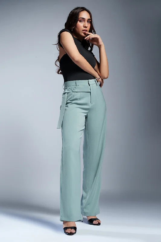 Meadow Green Strap Detailed Korean Pants Soft Stretch Trousers