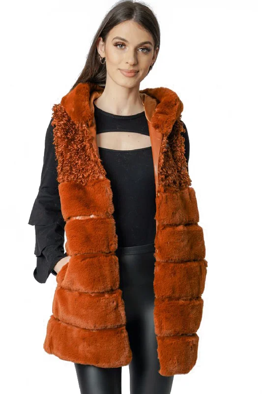 Mixed Fur Hooded Long Gilet Hoodie with High-Low Hem Asymmetrical Trendy