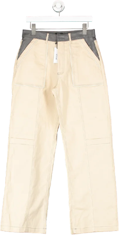 Nasty Gal Beige Twill & Faux Leather Straight Leg Pants UK 12 Fashionable Track Pants