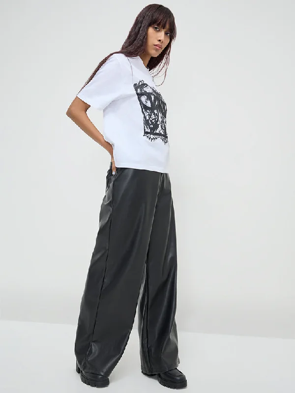 Nuon Black Faux-Leather High-Rise Pants Relaxed Linen Pants