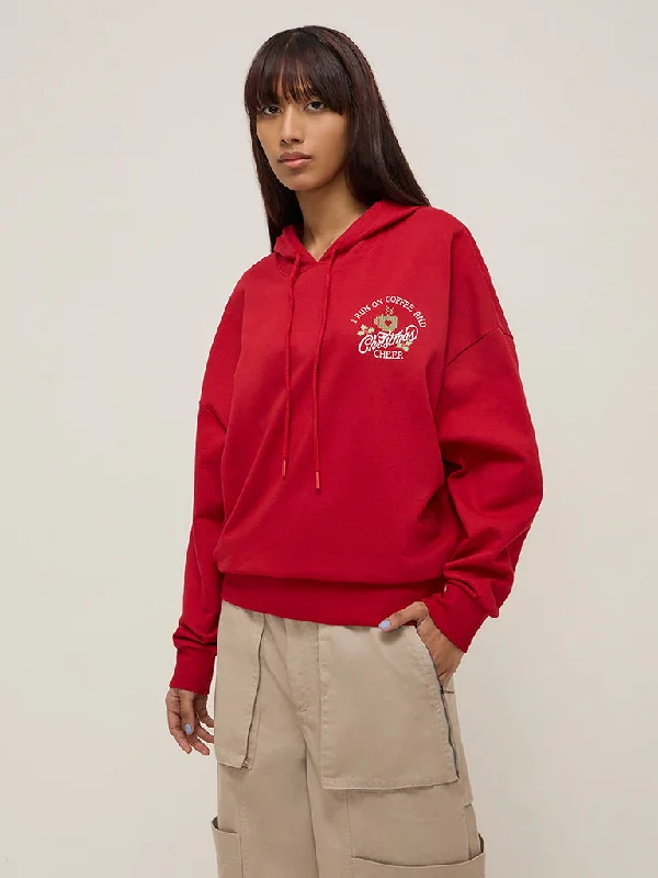 Nuon Red Text Printed Cotton Hoodie Hoodie with Mesh Breathable Sporty